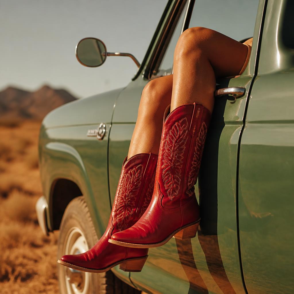 Sun-kissed legs in white cowboy boots resting on a vintage green truck